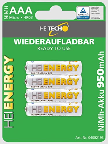 HEITECH vorgeladener 4er Pack NIMH-Akku Micro/AAA / HR03 950 mAh 1,2V - Wiederaufladbare Batterien mit geringer Selbstentladung - Akkus für Geräte mit hohem Stromverbrauch von HEITECH Promotion GmbH