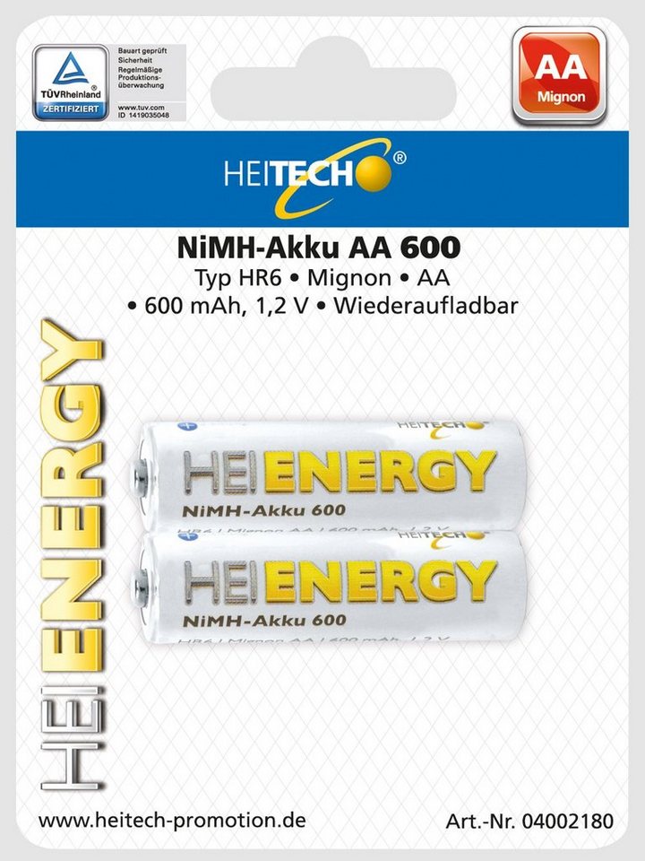 HEITECH 04002180 NIMH-ACCU AA 600mAh HR6 1.2V Batterie Batterie, (2 St) von HEITECH