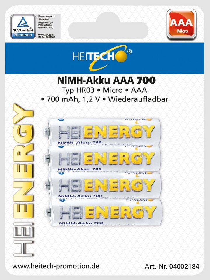 HEITECH 4er Pack NIMH-Akku, Micro/AAA / HR03 700 mAh Wiederaufladbar Batterie Batterie, (4 St) von HEITECH