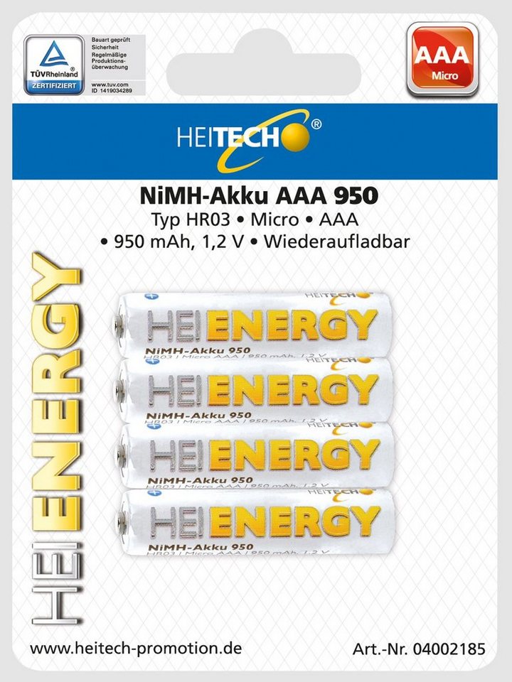 HEITECH 4er Pack NIMH-Akku, Micro/AAA / HR03 950 mAh Wiederaufladbar Batterie, (4 St) von HEITECH