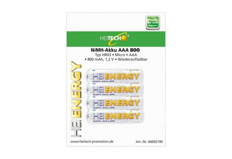 HEITECH 4x AAA Micro NiMH Akkus 800 mAh Akku-Set (1,2 V), Wiederaufladbar, HR03 von HEITECH