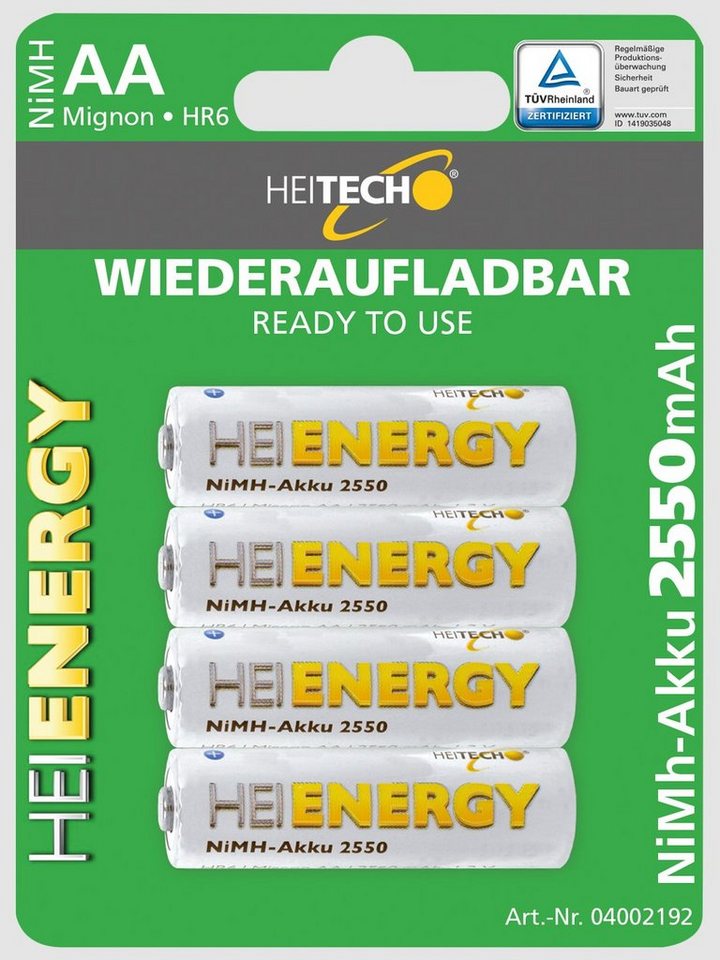 HEITECH AA Akku Mignon 2550 mAh 1,2V NiMH 4 Stück Batterie, (4 St) von HEITECH