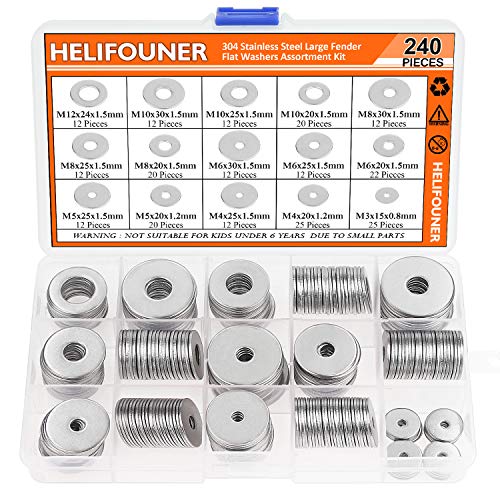 HELIFOUNER 240 Stück 15 Größen 304 Edelstahl Große Kotflügelscheibe Sortiment Kit (M3 M4 M5 M6 M8 M10 M12) von HELIFOUNER