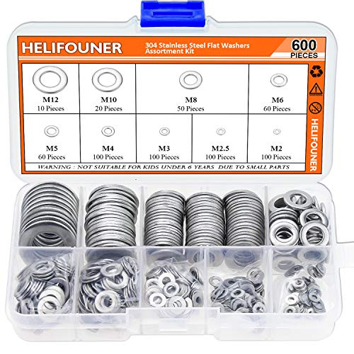 HELIFOUNER 600 Stück 9 Größen 304 Edelstahl Unterlegscheiben Sortiment Kit (M2 M2.5 M3 M4 M5 M6 M8 M10 M12) von HELIFOUNER
