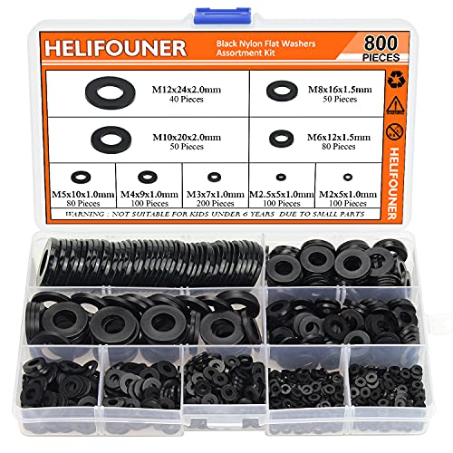 HELIFOUNER 800 Stück 9 Größen Schwarz Nylon Flache Unterlegscheiben Sortiment Kit - M2 M2,5 M3 M4 M5 M6 M8 M10 M12 von HELIFOUNER