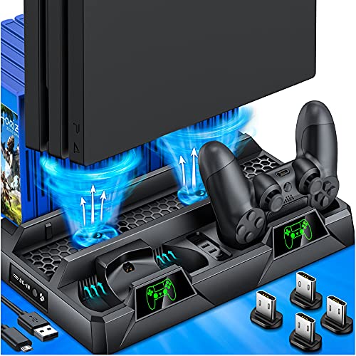 HELLCOOL Ständer für PS4, Standfuß mit Lüfter für Playstation 4/PS4 Pro/PS4 Slim, PS4 Controller Ladesation und 16 Spiele Lagerung von HELLCOOL