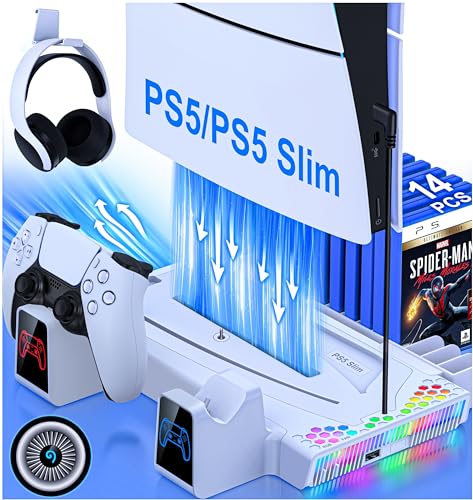 HELLCOOL PS5 Slim Ständer mit PS5 Lüfter, PS5 Slim Standfuß für Alle PS5 Slim/PS5 Disc/Digital Edition Konsole, PS5 Controller Ladestation/Headset Halterung/15 Spiele Lagerung/Cooles RGB Licht von HELLCOOL