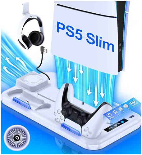 HELLCOOL PS5 Slim Ständer mit PS5 Slim Lüfter, PS5 Slim Standfuß Nur für PS5 Slim Disc/Digital Edition, All-In-One PS5 Slim Zubehör mit PS5 Controller Ladestation/Headset Halterung/15 Spiele Lagerung von HELLCOOL