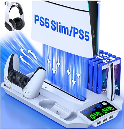 HELLCOOL PS5 Slim Ständer mit PS5 Slim Lüfter, PS5 Slim Standfuß für Alle PS5 Console, PS5 Slim Disc/Digital Edition, 13 Spiele Lagerung/PS5 Controller Ladestation/PS5 Fernbedienung Solt/3 USB Hub von HELLCOOL