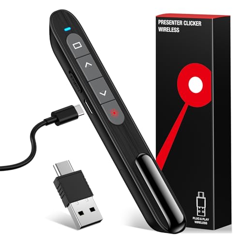 Wiederaufladbare USB C Presenter, 2.4 GHz Kabellose Roter Laserpointer, Hyperlink, Switch Windows, Lautstärkeregelung, 2 Wochen Spieldauer, Batterieanzeige, Präsentation für Windows 7/10/11, Macbook von HELLCOOL