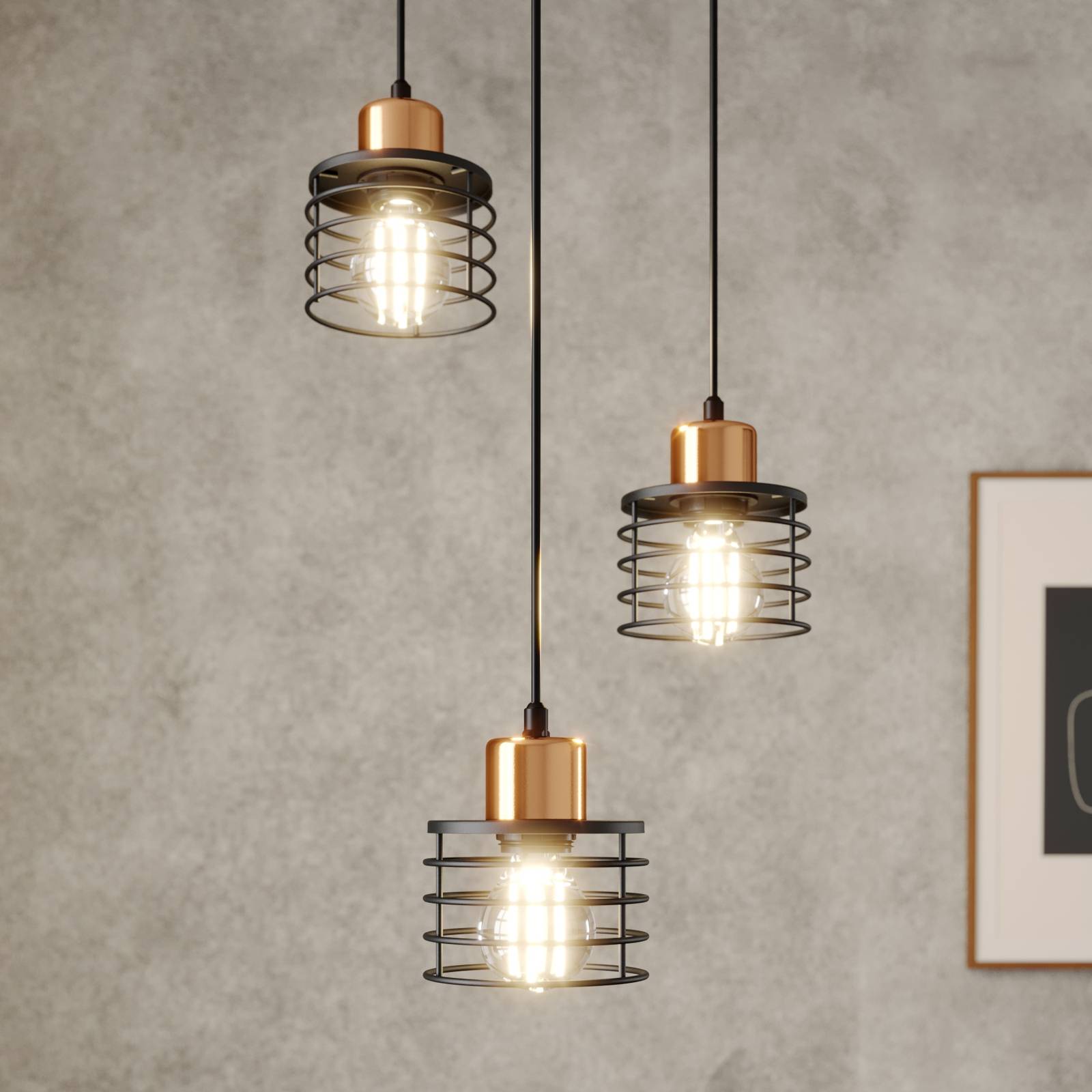 Hängelampe Edison in Schwarz/Kupfer, 3fl. rund Hängelampe Edison in Schwarz/Kupfer, 3fl. rund von HELam
