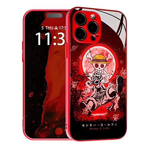 HEMINJYJEF Japanische Anime-Anti-Drop-Farbe, weiche Silikon-Schutzhülle, Manga-Muster, gehärtete Glasabdeckungen, mehrfarbige Handyhüllen Aesthetic (rot, Gear 5 Nika Joy Boy, für iPhone 13) von HEMINJYJEF