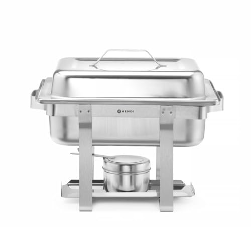 HENDI 475201 Chafing Dish 1/2, Gastronorm, mit hochglanzpoliertem, einsteckbarem Deckel. Inkl. Brennpastenbehältern, einer GN 44197 Lebensmittelpfanne 65 mm, 4,5L, 385x295x(H)310mm, Edelstahl 18/0 von HENDI