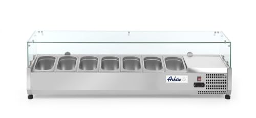 HENDI Aufsatzkühlvitrine, 4 höhenverstellbaren Füßen, Temperatur von -2 bis 8°C, Digitales Bedienfeld, elektronisches Thermostat, 7x GN 1/4, 230V, 180W, 1505x335x(H)430mm, Edelstahl von HENDI