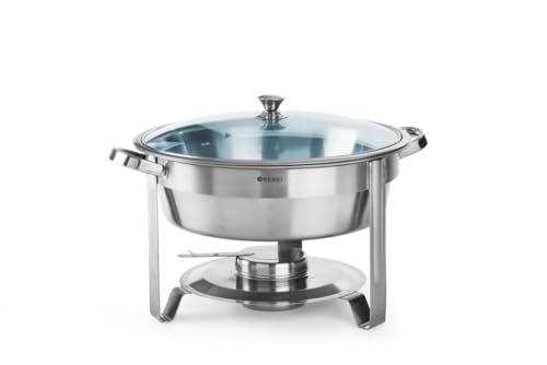 HENDI Chafing Dish, Rund, mit Glasdeckel mit einem Brennpastenbehälter und Lebensmittelpfanne, Warmhaltebehälter, Speisewärmer, Behälter, Silber, 3,5L, ø390x(H)270mm von HENDI