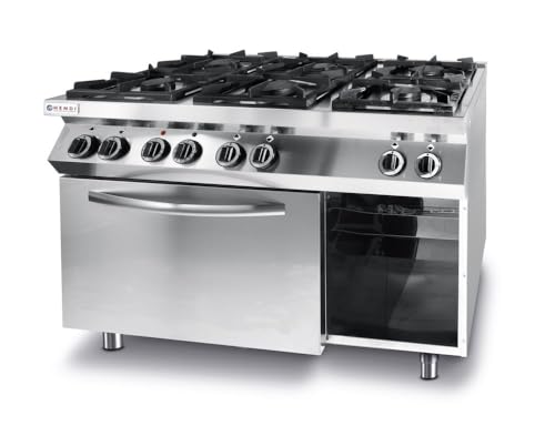 HENDI Gaskocher, 6 Brenner: 3x3,5kW 3x6kW, mit Konvektionsofen GN 1/1, Füße einstellbar von 100 bis 165mm, geeignet für Erdgas, Umbausat, Propangas enthalten, 230V, 3000W, 1200x700x(H)900mm, Edelstahl von HENDI