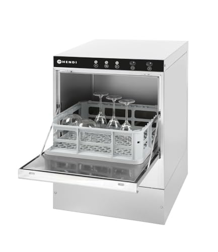 HENDI Geschirrspüler, elektromechanische Steuerung, für Gläser, inklusive 2 Spülkörben von 400x400mm, Besteckkorb, ohne Ablauf- und Reinigungs pumpe, 230V/2800W, 472x566x(H)705mm, Edelstahl von HENDI