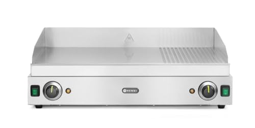 HENDI Grillplatte, Entnehmbare Festtschublade, Temperatur bis 300°C regelbar, 2/3 glatt, 1/3 gerillt, Elektrogrill, Tischgrill, Gastrogrill, 230V/3500W, 720x530x(H)250mm, Edelstahl von HENDI
