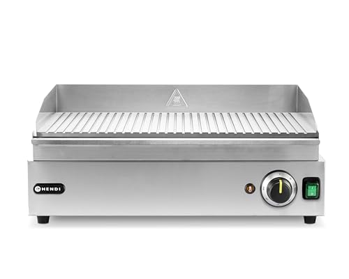 HENDI Grillplatte, gerillte Ausführung, Entnehmbare Festtschublade, Temperatur bis 300°C regelbar, Elektrogrill, Tischgrill, Gastrogrill, 230V/2400W, 526x444x(H)232mm, Edelstahl von HENDI