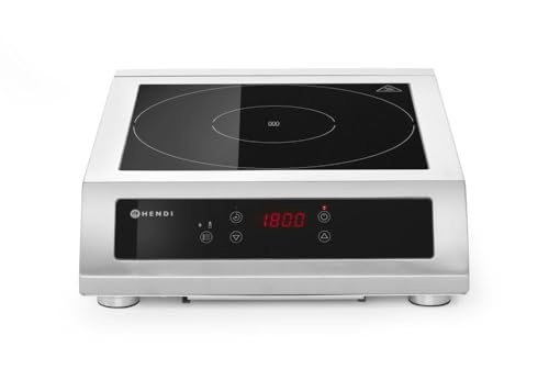 HENDI Induktionskocher, Modell 3500 D XL, Induktionskochfeld, geeignet für Pfannen mit Boden mit durchmesser von ø160, ø300mm, Höhenverstellbare Füße, 230V, 3500W, 390x500x(H)120m, Edelstahl, 3500 w von HENDI