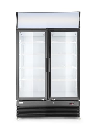 HENDI Kühlschrank, Flaschenkühlschrank, Getränkekühlschrank, Zweitürig, mit 8 PVC-Regalen, 2/10˚C, LED-Beleuchtung in der Kammer und im Leuchtkasten, 750L, 230V, 410W, 1120x595x(H)1965mm, Edelstahl von HENDI