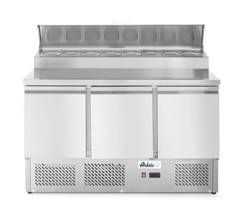 HENDI Kühltisch, Dreitürig, mit Aufsatskühlvitrine, max -2 bis 8°C, Aufsatz für 8x GN 1/6, 3 Regalböden, je bis 15kg belastbar, 380L, 230V/310W, 1365x700x(H)1055mm, Edelstahl von HENDI