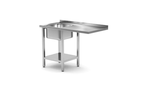 HENDI Tisch mit Spüle, Zulauftisch, ablageboden und platz für Geschirrspüler, integrierte Spüle (AISI 304) misst: 400x400x250mm, links, verstellbaren Füßen, 1200x700x(H)850mm, Edelstahl von HENDI