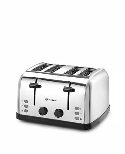 HENDI Toaster, 4-Toastschlitze, 7 Bräunungsstufen, großen Röstkammern, 2 Warmhaltezonen, aus tragbarer Krümelschublade, rösten, toasten, auftauen, aufwärmen, 240V/1500W, 295x335x(H)180mm, Edelstahl von HENDI