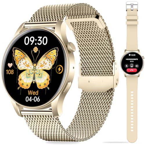 HENLSON Smartwatch für Herren und Damen, 1,43 Zoll, Smartwatch mit Schrittzähler, Schlafmonitor, Herrenuhr mit 107 + Sportlern, Smartwatch, Smart-Armband, für Android iOS, goldfarben von HENLSON