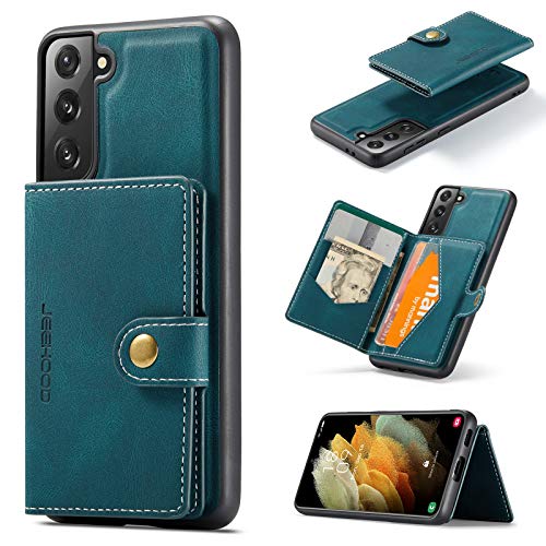 HERCN PU Ledertasche für Samsung Galaxy S21 FE 5G 6.4"; Abnehmbarer Kartenhalter - Ständer - Funktionale Handyhülle mit einzigartiger magnetischer Kleiner Geldbörse (Blau) von HERCN