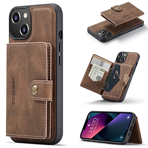 HERCN PU Ledertasche für iPhone 13 6.1"; Abnehmbarer Kartenhalter - Ständer - Funktionale Handyhülle mit einzigartiger magnetischer Kleiner Geldbörse (Braun) von HERCN