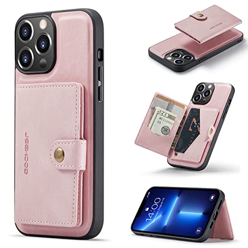 HERCN PU Ledertasche für iPhone 13 Pro Max 6.7"; Abnehmbarer Kartenhalter - Ständer - Funktionale Handyhülle mit einzigartiger magnetischer Kleiner Geldbörse (Pink) von HERCN