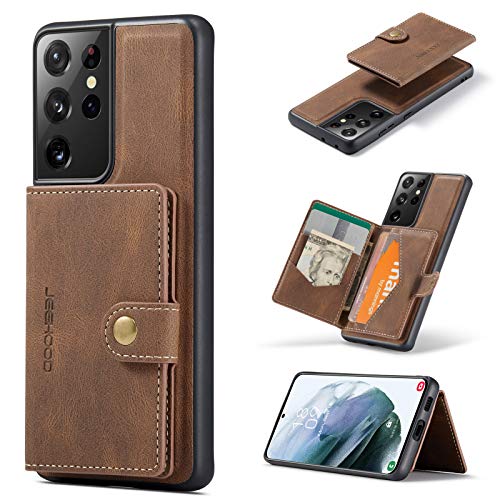 HERCN Schutzhülle aus PU-Leder für Samsung Galaxy S22 Ultra 5G 6,8 Zoll; Kartenschlitze – Standfunktion, funktionale Handyhülle, mit Kleiner magnetischer Geldbörse, einzigartig. (Braun) von HERCN