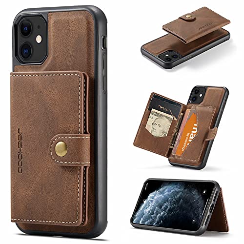 HERCN Schutzhülle aus PU-Leder für iPhone 11 6,1 Zoll; Kartenfach – Standfunktion, funktionale Handyhülle mit Kleiner magnetischer Geldbörse. (Braun) von HERCN