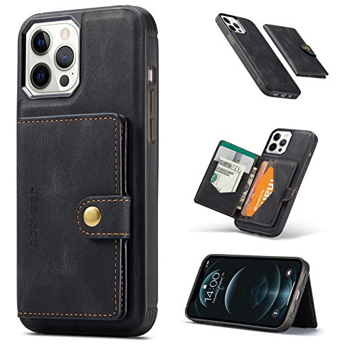 HERCN Schutzhülle aus PU-Leder für iPhone 12 Pro Max 6,7 Zoll; Kartenfach – Standfunktion, funktionale Handyhülle, mit Kleiner magnetischer Geldbörse. (Schwarz) von HERCN