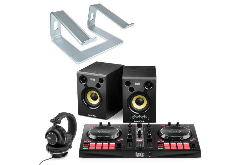 HERCULES DJ Controller Hercules DJ Essentials Kit DJ-Set mit Laptopständer Silberfarben, (Vorteil-Set) von HERCULES
