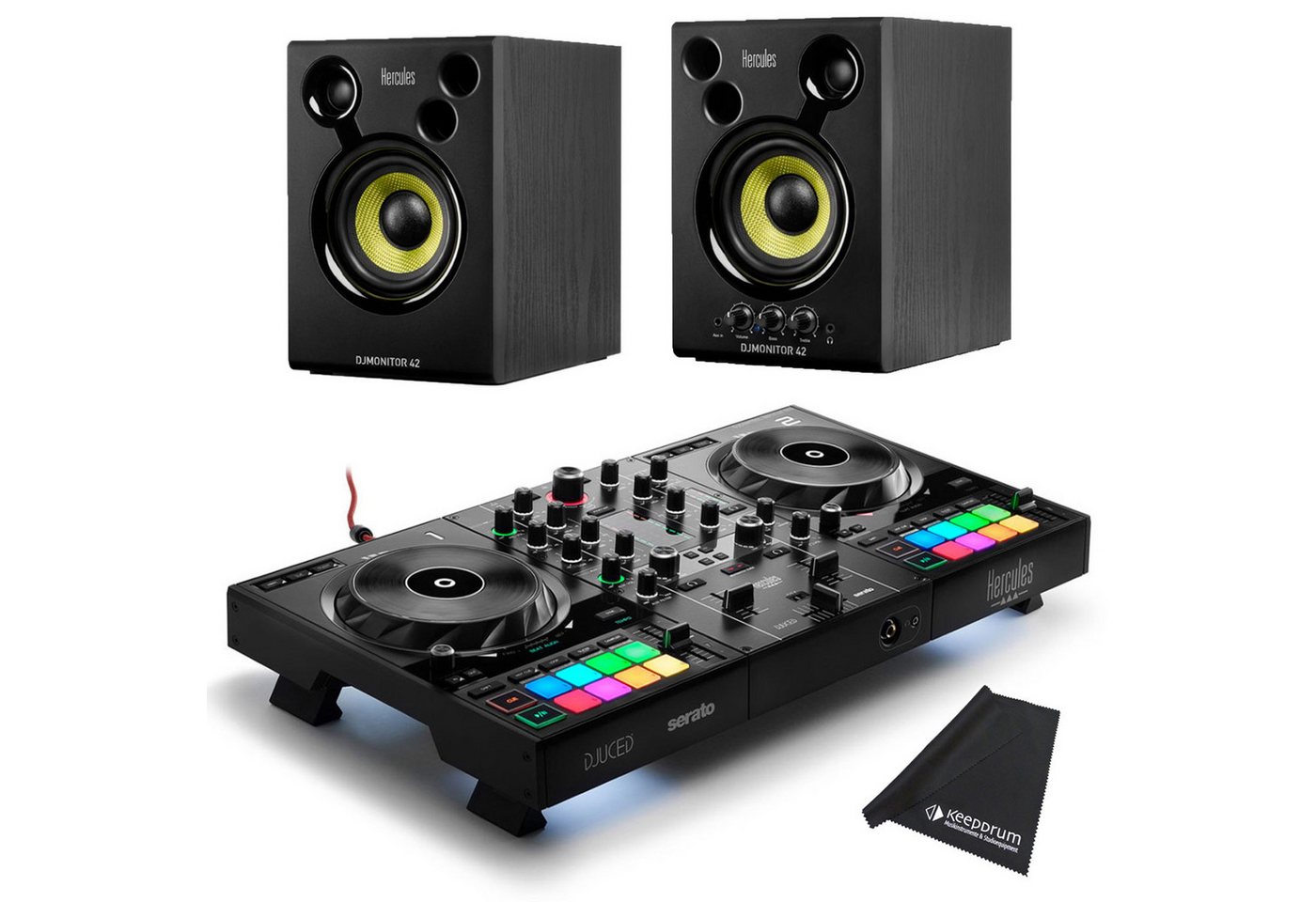 HERCULES DJ Controller Inpulse 500 mit DJMonitor42 Boxen und Mikrofasertuch von HERCULES