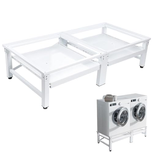 Waschmaschine Podest mit 2X Ausziehablagen, Stabiler Metall Doppel Untergestell (max. 300KG), 2-Fach Sockel Unterschrank Podest Erhöhung Unterbau für Trockner/Kühlschrank, 124(L) x 58(B) cm, Weiß von HERLLD