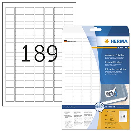 4.725 HERMA 10001 Etiketten / weiß / 25,4 x 10,0 mm / wieder ablösbar von HERMA