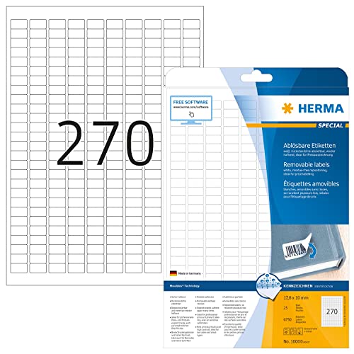 HERMA 10000 Universal Etiketten ablösbar, 25 Blatt, 17,8 x 10 mm, 270 pro A4 Bogen, 6750 Stück, selbstklebend, bedruckbar, matt, blanko Papier Klebeetiketten Aufkleber, weiß von HERMA