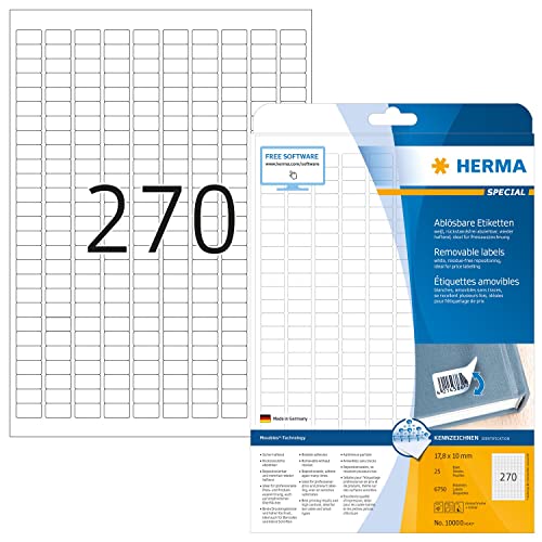 HERMA 10000 Universal Etiketten ablösbar, 800 Blatt, 17,8 x 10 mm, 270 pro A4 Bogen, 216000 Stück, selbstklebend, bedruckbar, matt, blanko Papier Klebeetiketten Aufkleber, weiß von HERMA