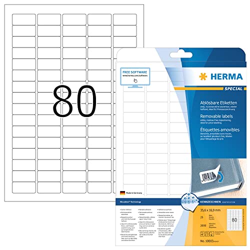 HERMA 10003 Universal Etiketten ablösbar, 25 Blatt, 35,6 x 16,9 mm, 80 pro A4 Bogen, 2000 Stück, selbstklebend, bedruckbar, matt, blanko Papier Klebeetiketten Aufkleber, weiß von HERMA