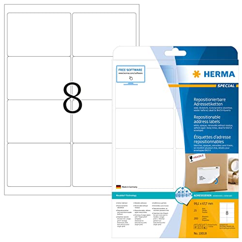 HERMA 10018 Universal Etiketten blickdicht ablösbar, 25 Blatt, 99,1 x 67,7 mm, 8 pro A4 Bogen, 200 Stück, selbstklebend, bedruckbar, matt, blanko Papier Klebeetiketten Aufkleber, weiß von HERMA