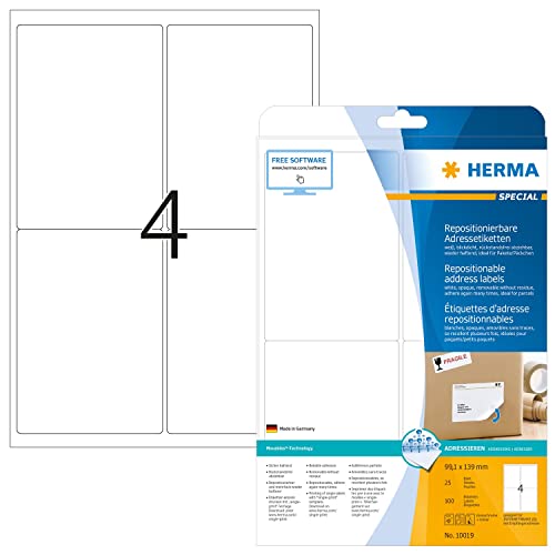 HERMA 10019 Universal Etiketten blickdicht ablösbar, 800 Blatt, 99,1 x 139 mm, 4 pro A4 Bogen, 3200 Stück, selbstklebend, bedruckbar, matt, blanko Papier Klebeetiketten Aufkleber, weiß von HERMA