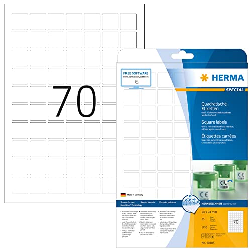 HERMA 10105 Universal Etiketten ablösbar, 25 Blatt, 24 x 24 mm, 70 pro A4 Bogen, 1750 Stück, selbstklebend, bedruckbar, matt, quadratisch, blanko Papier Klebeetiketten Aufkleber, weiß von HERMA