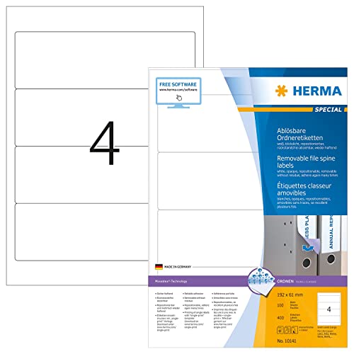 HERMA 10141 Ordnerrücken Etiketten ablösbar kurz breit, 100 Blatt, 192 x 61 mm, 4 pro A4 Bogen, 400 Stück, selbstklebend, bedruckbar, blickdicht, Papier Ordneretiketten Rückenschilder Aufkleber, weiß HERMA 10141 Ordnerrücken Etiketten ablösbar kurz breit, 100 Blatt, 192 x 61 mm, 4 pro A4 Bogen, 400 Stück, selbstklebend, bedruckbar, blickdicht, Papier Ordneretiketten Rückenschilder Aufkleber, weiß von HERMA