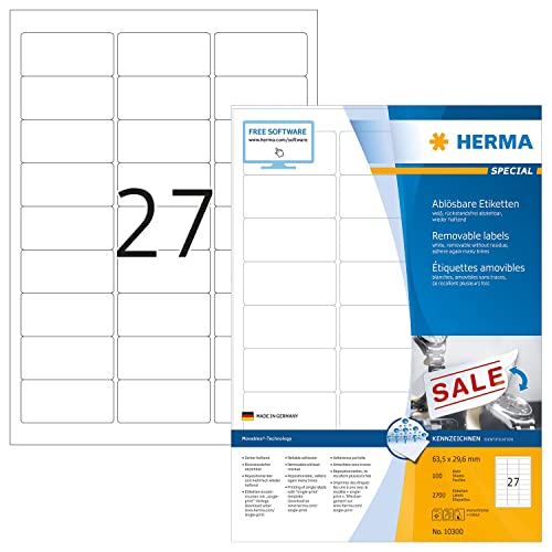 HERMA 10300 Universal Etiketten ablösbar, 100 Blatt, 63,5 x 29,6 mm, 27 pro A4 Bogen, 2700 Stück, selbstklebend, bedruckbar, matt, blanko Papier Klebeetiketten Aufkleber, weiß von HERMA