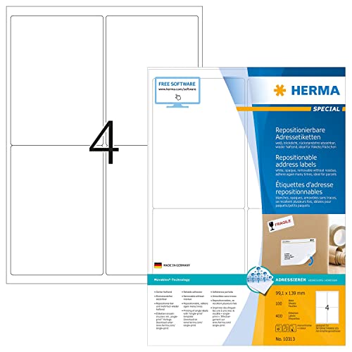 HERMA 10313 Universal Etiketten blickdicht ablösbar, 100 Blatt, 99,1 x 139 mm, 4 pro A4 Bogen, 400 Stück, selbstklebend, bedruckbar, matt, blanko Papier Klebeetiketten Aufkleber, weiß HERMA 10313 Universal Etiketten blickdicht ablösbar, 100 Blatt, 99,1 x 139 mm, 4 pro A4 Bogen, 400 Stück, selbstklebend, bedruckbar, matt, blanko Papier Klebeetiketten Aufkleber, weiß von HERMA