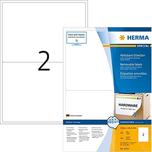 HERMA 10314 Universal Etiketten ablösbar, 1400 Blatt, 199,6 x 143,5 mm, 2 pro A4 Bogen, 2800 Stück, selbstklebend, bedruckbar, matt, blanko Papier Klebeetiketten Aufkleber, weiß HERMA 10314 Universal Etiketten ablösbar, 1400 Blatt, 199,6 x 143,5 mm, 2 pro A4 Bogen, 2800 Stück, selbstklebend, bedruckbar, matt, blanko Papier Klebeetiketten Aufkleber, weiß von HERMA