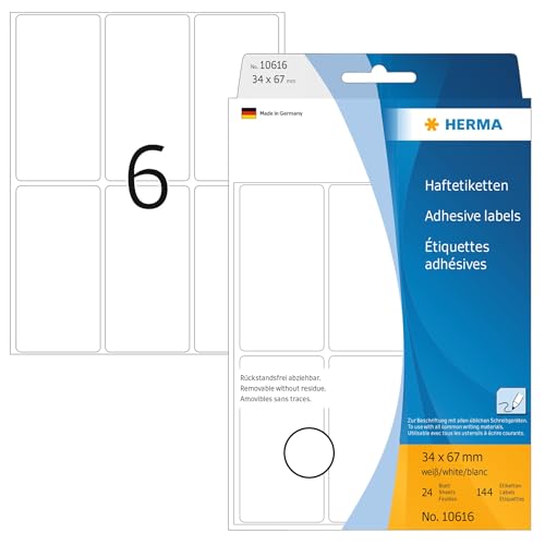 HERMA 10616 Vielzweck-Etiketten ablösbar, 192 Stück, 34 x 67 mm, 6 pro Bogen, selbstklebend, Haushaltsetiketten zum Beschriften, matt, blanko Papier Klebeetiketten Aufkleber, weiß von HERMA